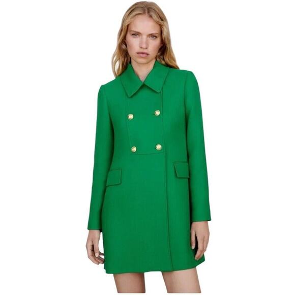 Zara Buttoned Tailored Coat XS Kelly Green Double Breasted Blogger Favorite - Picture 1 of 16